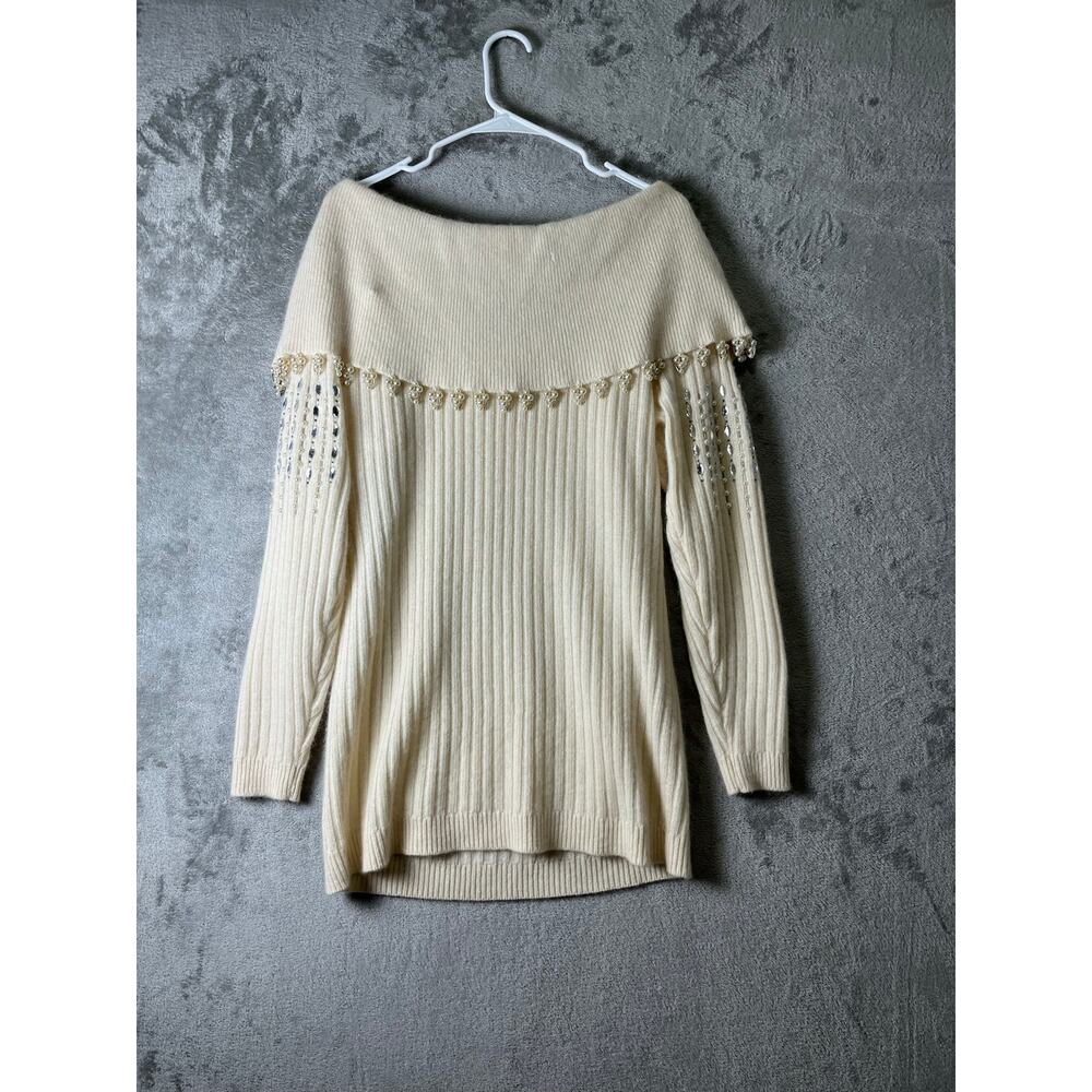 Vintage Ivory Lambswool Angora Beaded Ribbed Knit Sweater Skirt Set Quiet Luxury - Picture 4 of 13